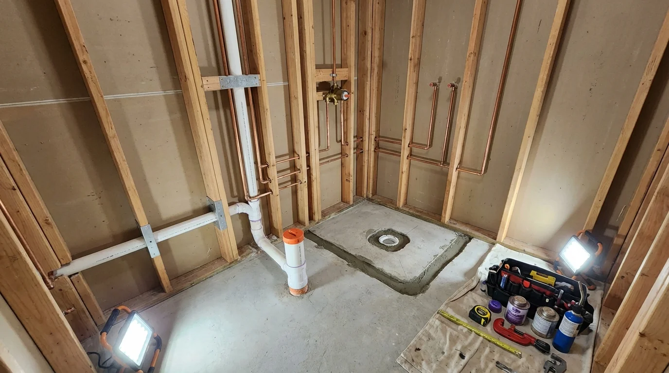 Bathroom rough-in plumbing during remodel by Johns Plumbing LLC in Moorefield