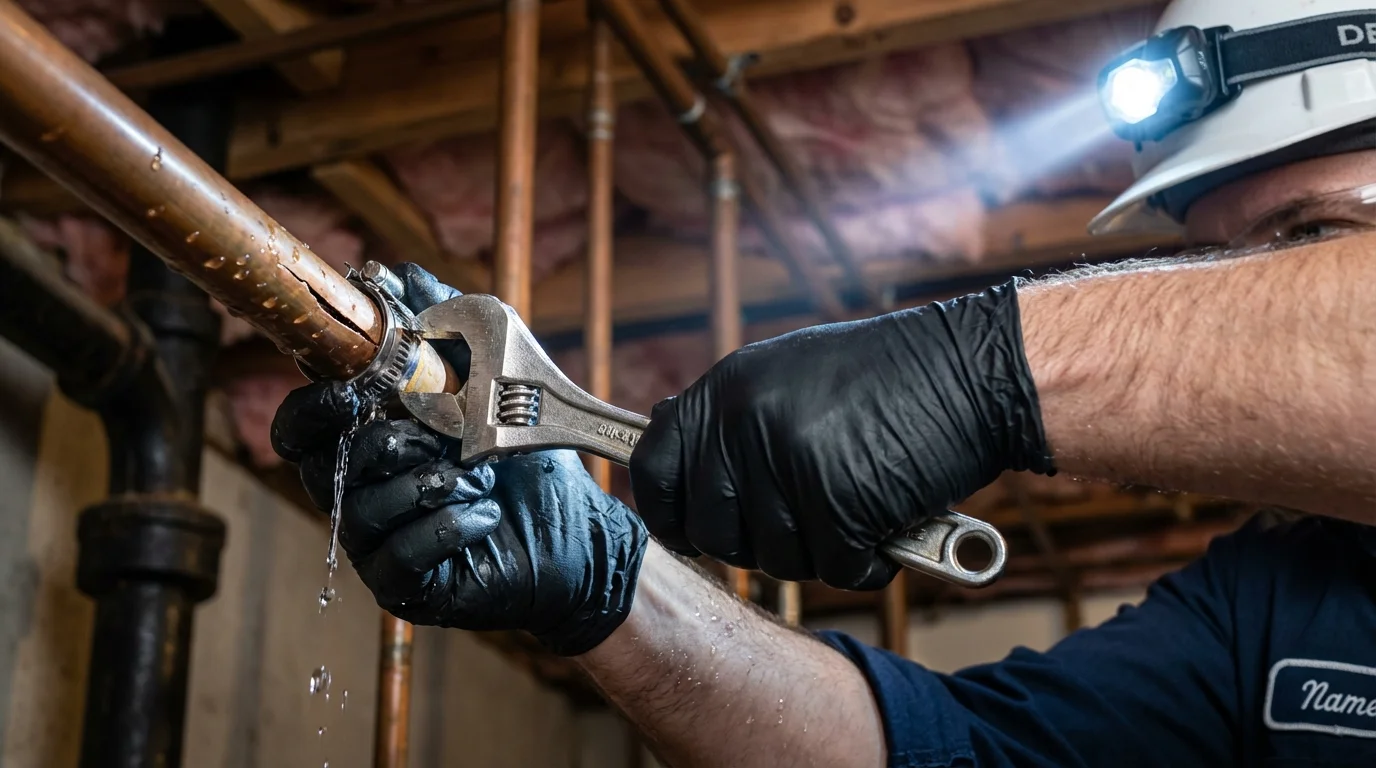 Emergency pipe clamp repair being performed by a Johns Plumbing LLC plumber in Moorefield