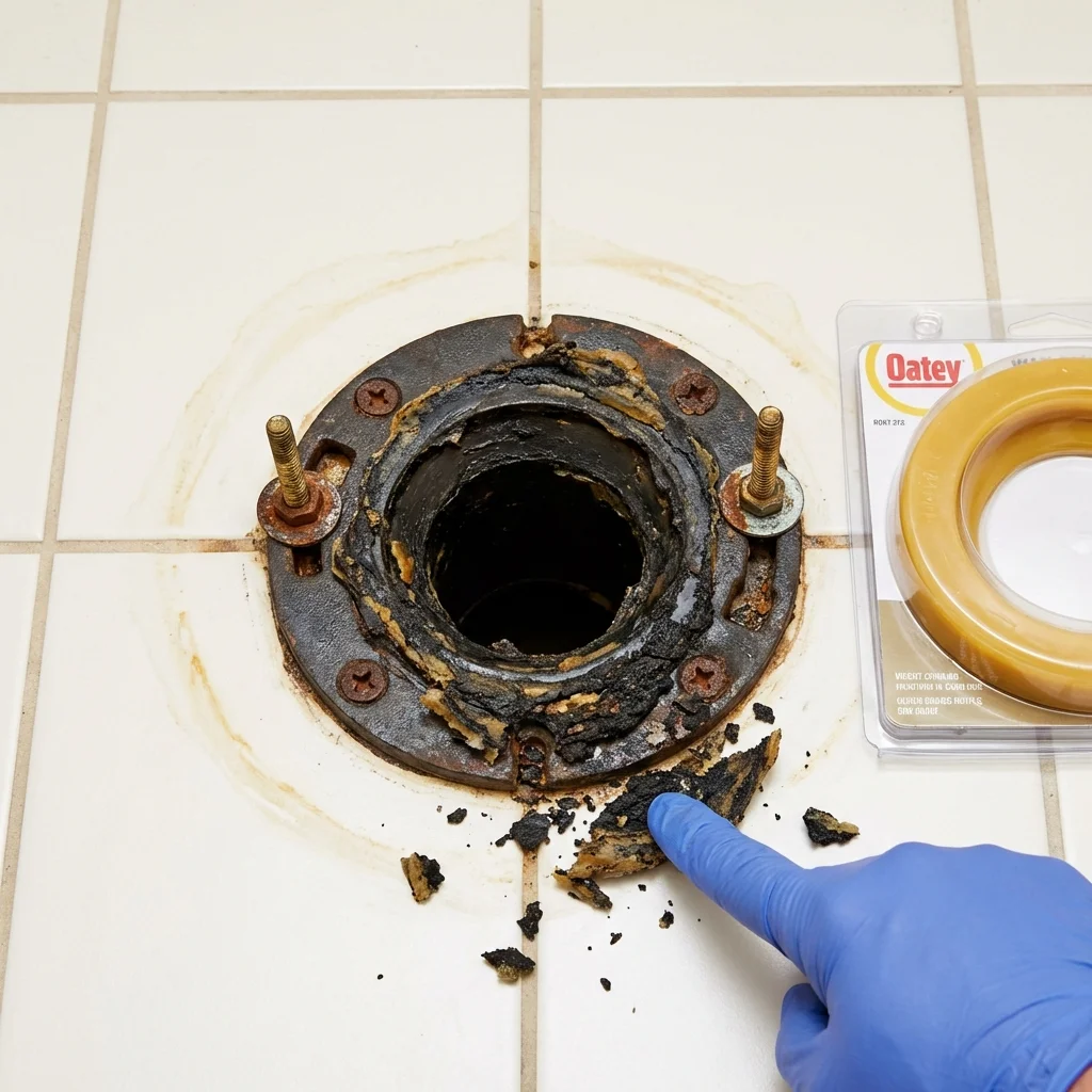 Failed wax ring showing water seepage at the base of a toilet in a Moorefield, WV home