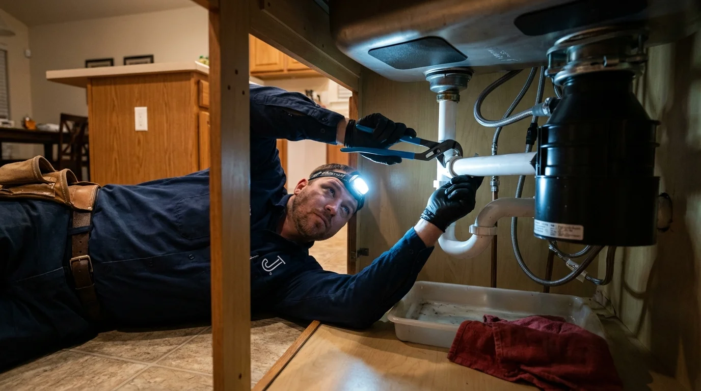 P-trap and supply line connections under a kitchen sink showing a common leak point in Moorefield, WV